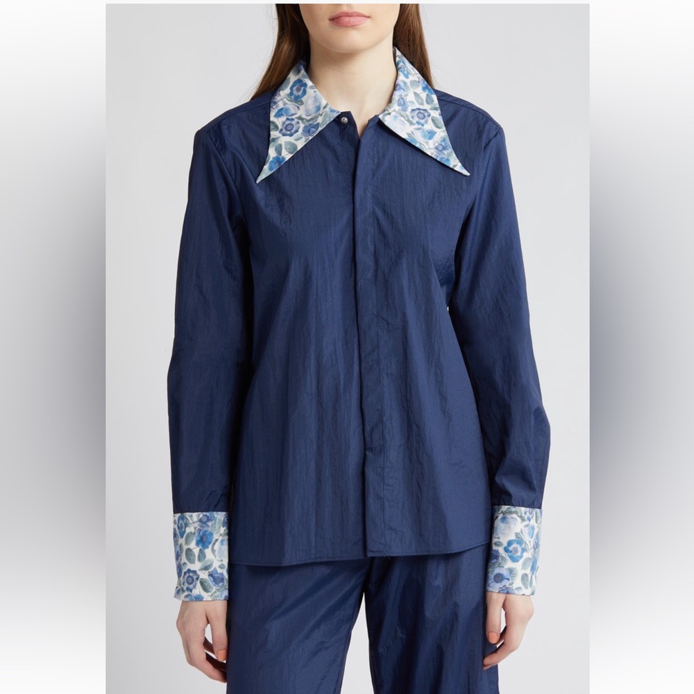 Coming of Age - NYC Blue Button-Up Shirt with Patterned Collar and Cuffs